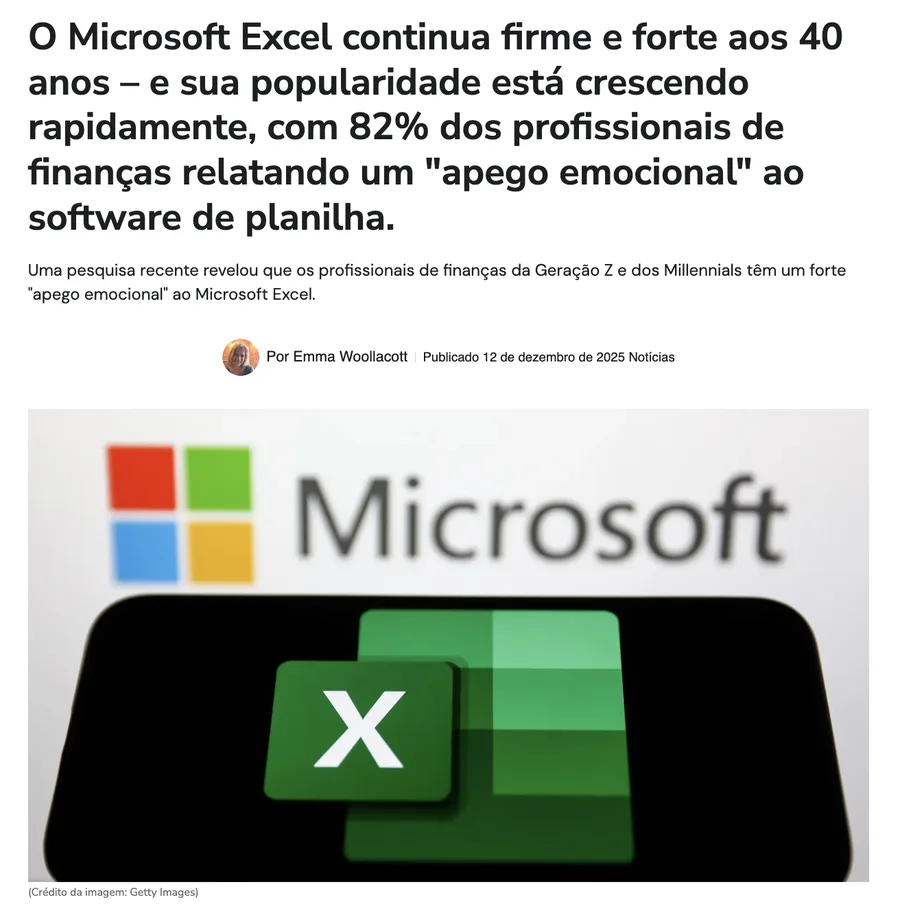 Print da ITPro sobre os 40 anos do Excel e sua popularidade entre profissionais de finanças.