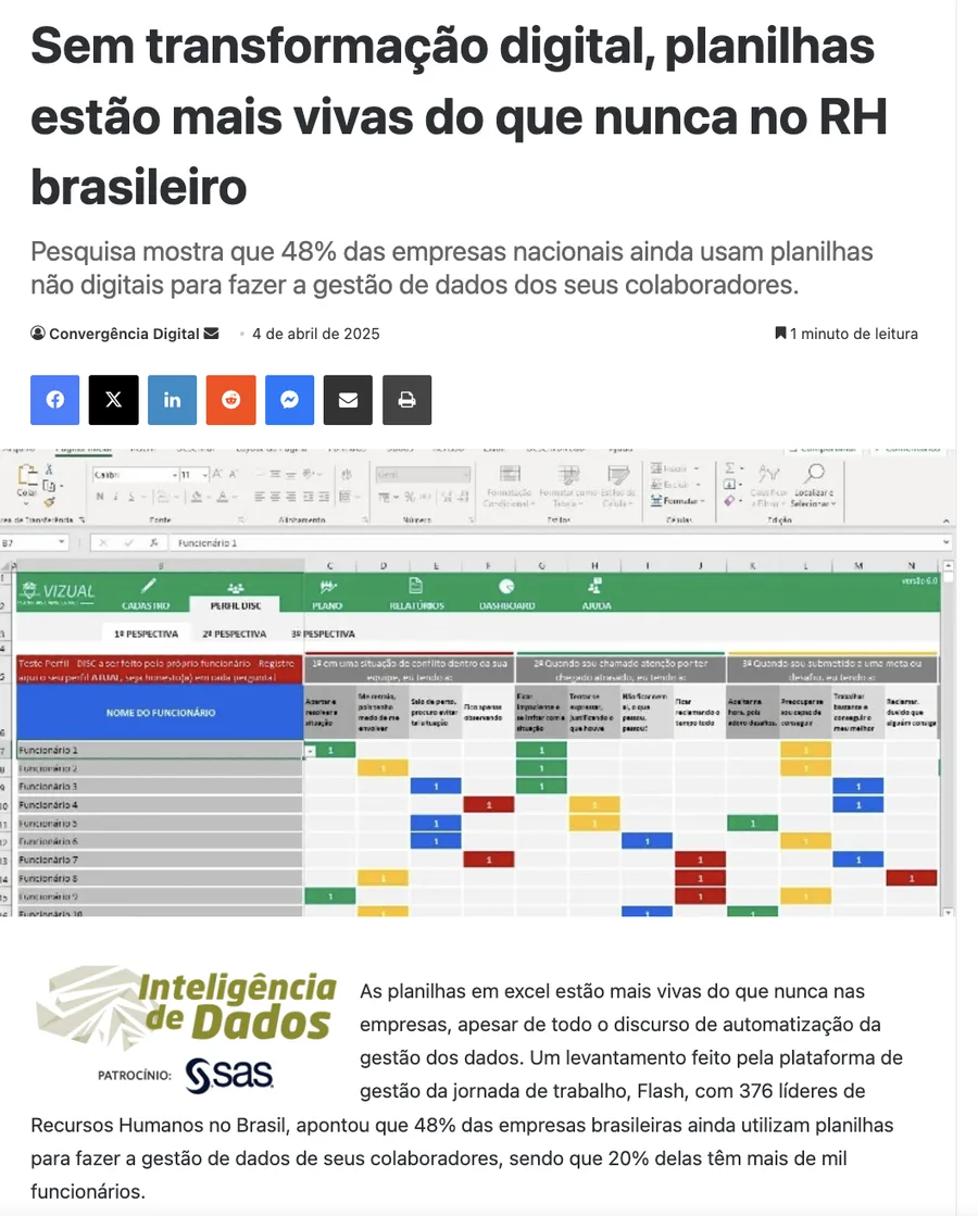 Print da Convergência Digital sobre o uso de planilhas no RH brasileiro.