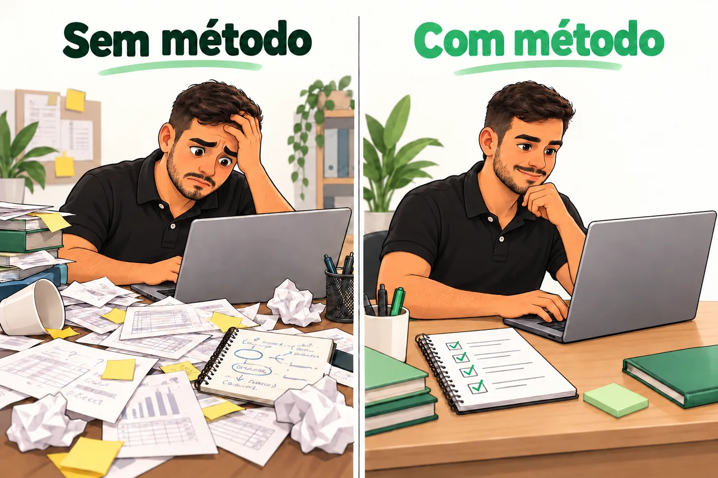 Versão cartoon de Bruno: sem método, aflito diante de uma mesa cheia de papéis; com método, estudando Excel com foco e organização.